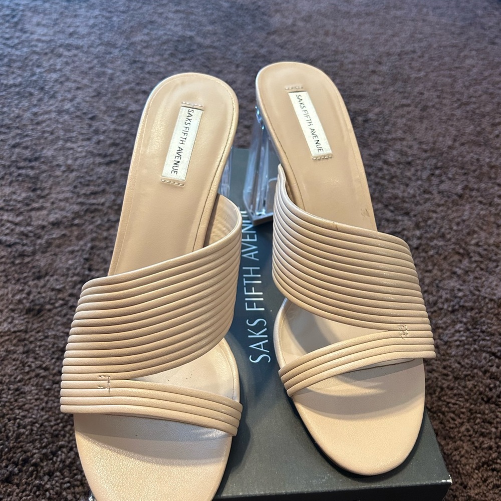 Saks fifth Avenue nude clear heeled sandals/slides